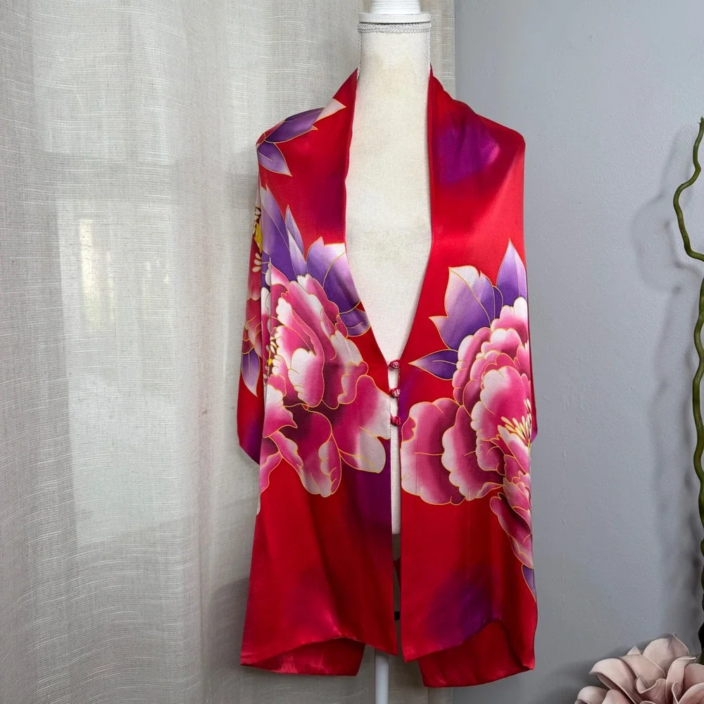 100% Silk Peony Wrap Shawl Floral Frog Knot Red Pink Purple Asian Art Drape